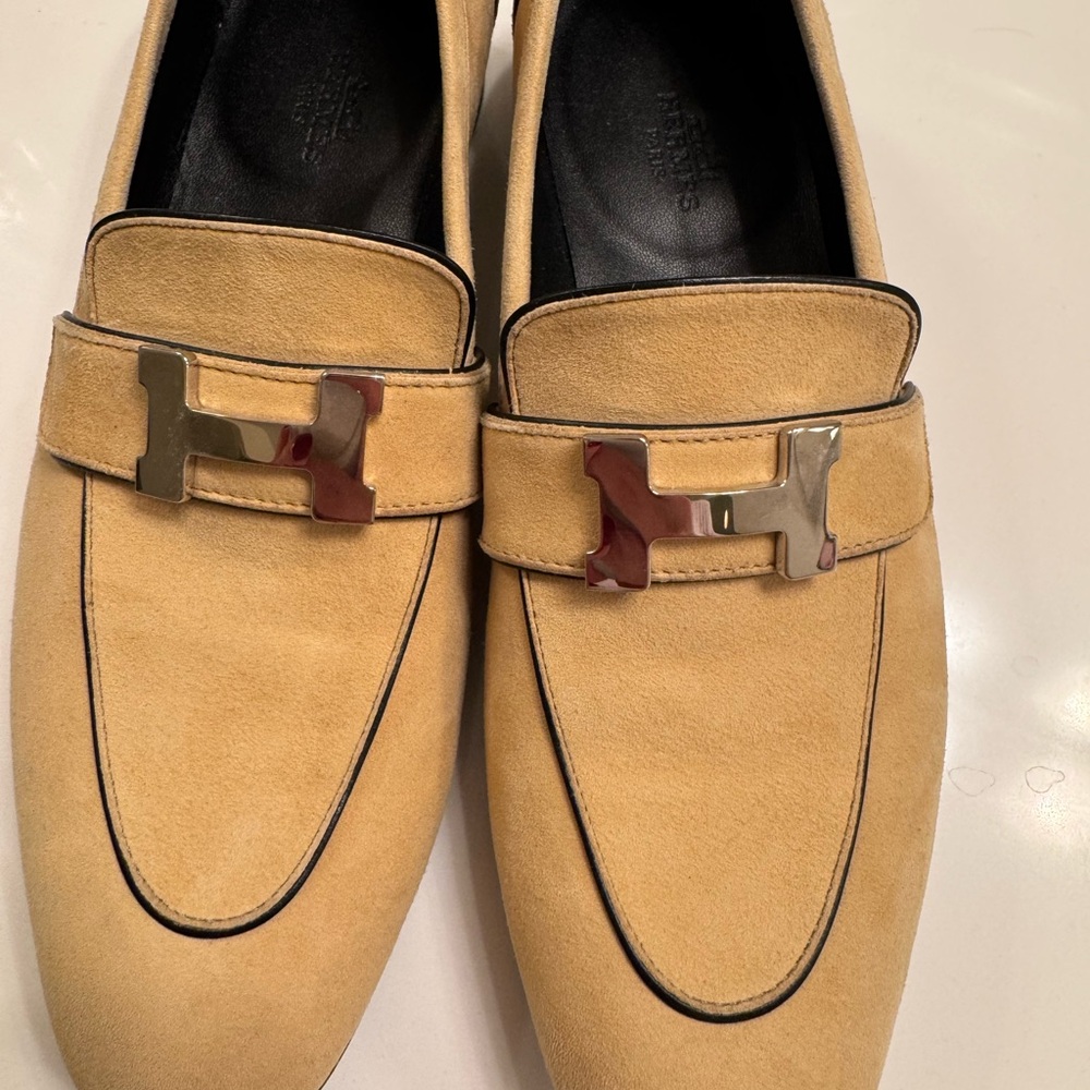 Hermes Tan Loafers with Silver Hardware